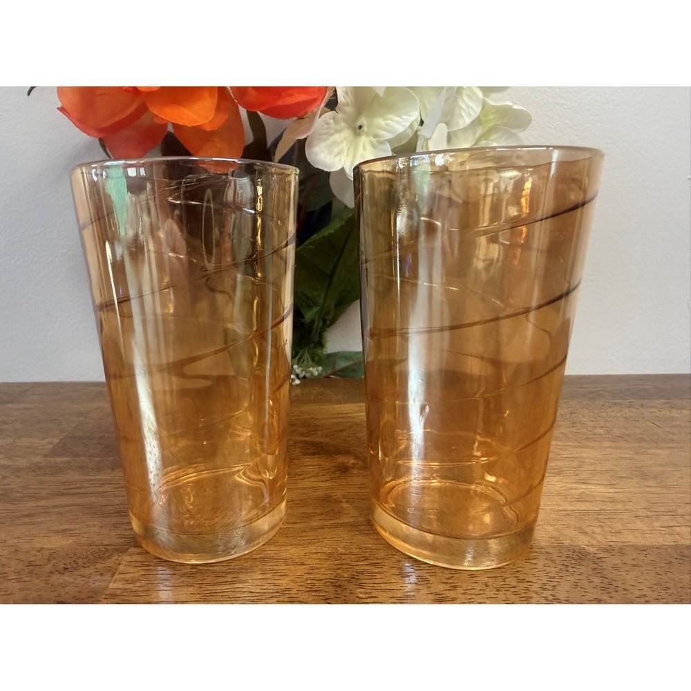 Jeannette‎ Glass Marigold Iridescent Swirl Tumblers Vintage Carnival Glass Pair